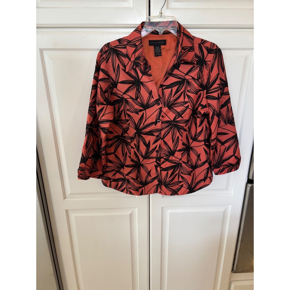 Silk Land Women L Silk Beaded Botanical Leaf Print Blouse Jacket Coral Black